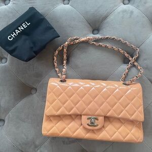 CHANEL Classic Medium Double Flap Bag peach patent